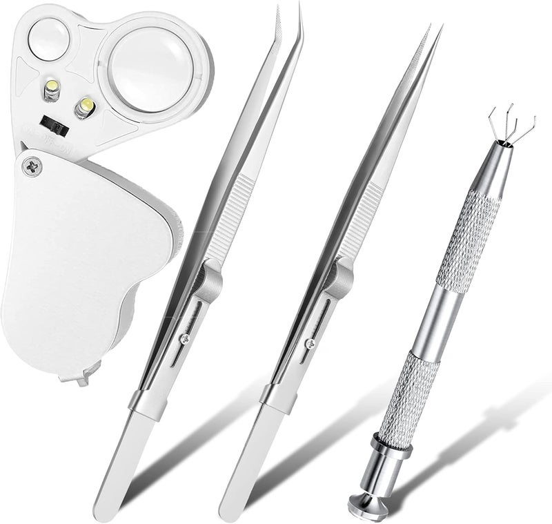 CC LOT 4 Pack Diamond Jewelers Tweezers Holder Pick up Tool Claw Gems Tweezer Grabber Jewelry Locking Tweezers with 30X 60X Jewelers Loupe Magnifier - Image 1